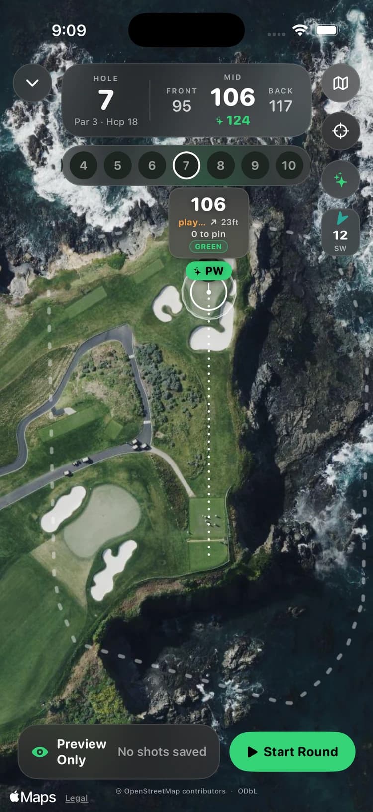 Striped app: Satellite view of Pebble Beach hole 7